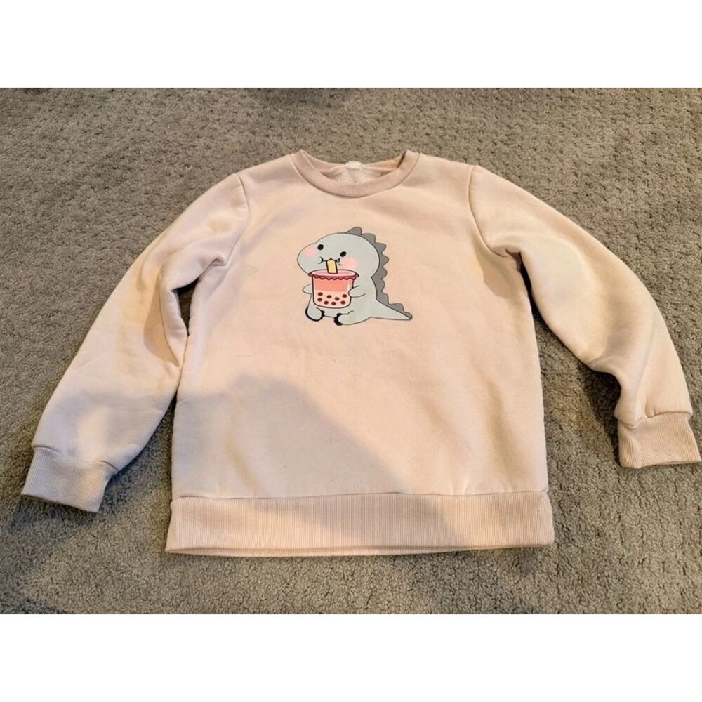 SHEIN Kids Cute Dinosaur Boba Tea Graphic Sweatshirt Pink Size 8Y